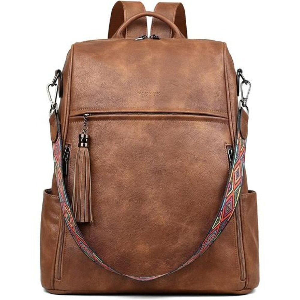 Leather Laptop Backpack Women 15 Inch Vegan Work Travel Bag Convertible Purse